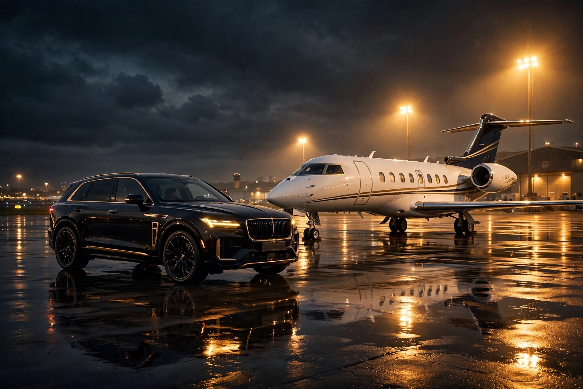 Black luxury SUV beside a private jet at night — NIUK Limo airport service