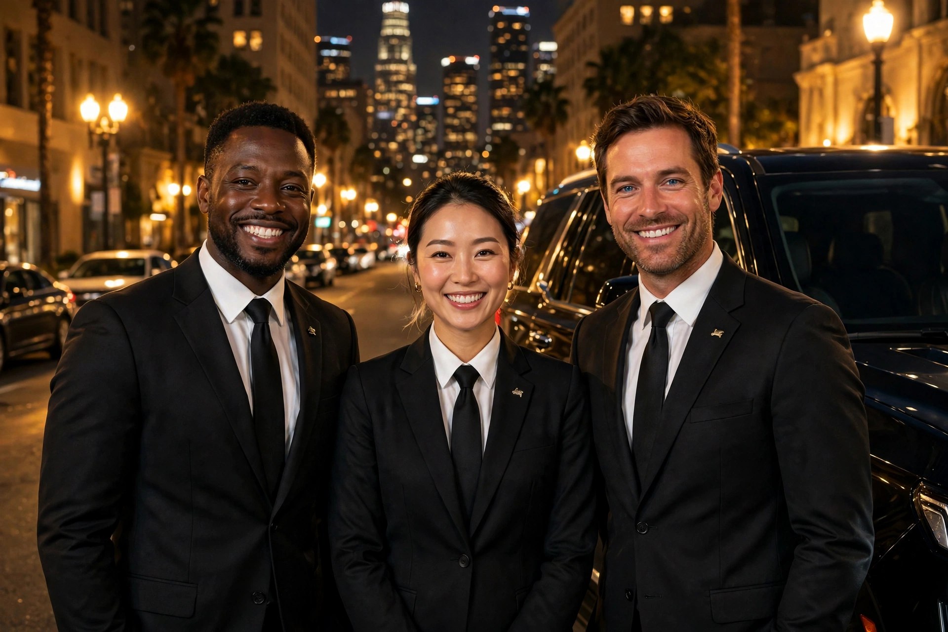 Smiling NIUK Limo chauffeurs beside a black luxury SUV at night in Los Angeles